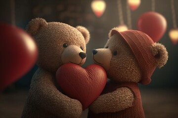 St.Valentine's Day: Two cute teddy bears holding a red heart. Warm evening lights in bokeh. AI