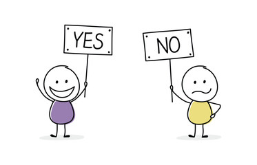 Funny stickmen with text on a board - yes and no. Business meeting concept. Vector