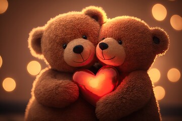 St.Valentine's Day: Two cute teddy bears holding a red heart. Warm evening lights in bokeh. AI