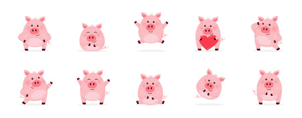 Collection of cute pig characters in different emotions. Isolated on a white background. Vector illustration