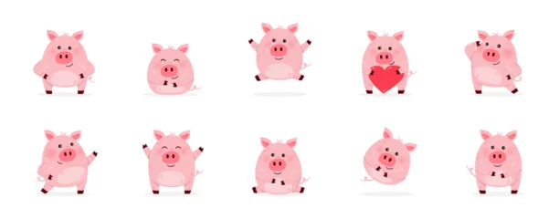 Fotobehang Collection of cute pig characters in different emotions. Isolated on a white background. Vector illustration © Karolina Madej