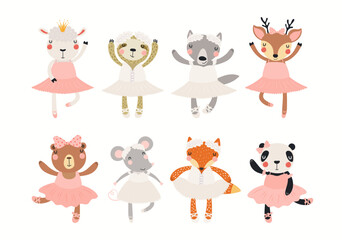 Cute animals ballerina girls, ballet dancers clipart collection, isolated on white. Hand drawn vector illustration. Scandinavian style flat design. Cartoon characters for kids fashion, textile print