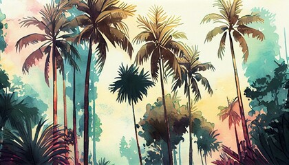 Fototapeta na wymiar Tall tropical trees wall mural painted art, watercolor art style wallpaper background. Generative ai.