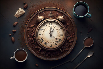 Top view clock coffee with roasted bean and power in white cup, coffee time, watch on cup drink, with Generative AI.