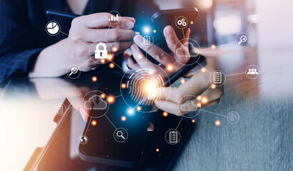 businessmen Fingerprint scanning and biometric authentication, processing of biometric for access personal data. surveillance and security scanning of digital programs cyber futuristic applications