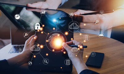 businessmen Fingerprint scanning and biometric authentication, processing of biometric for access personal data. surveillance and security scanning of digital programs cyber futuristic applications