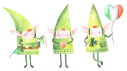 Hand drawn watercolor cute funny smiling red curly haired leprechauns elves with long ears in green...