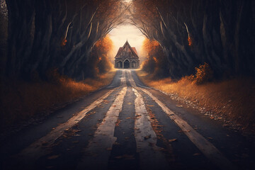 The road leading to the mysterious house surrounded by dense forest - AI generative