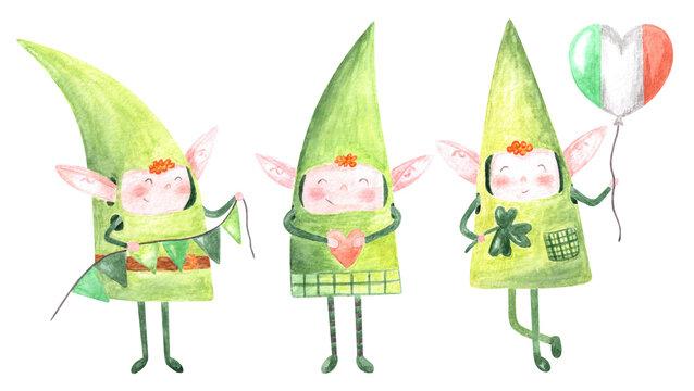Hand drawn watercolor cute funny smiling red curly haired leprechauns elves with long ears in green costumes holding party flags, heart and balloon. kids decoration for Saint Patrick's Day party.