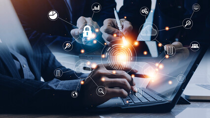 businessmen Fingerprint scanning and biometric authentication, processing of biometric for access personal data. surveillance and security scanning of digital programs cyber futuristic applications