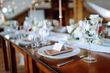 Table set for wedding or another catered event dinner ceremony. Wedding, birthday, party, event concept.