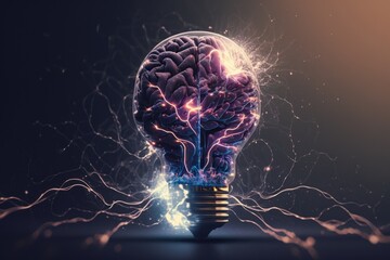 Brain Bulb, Creative Idea with Brain and Light Bulb, machine learning, generative by AI
