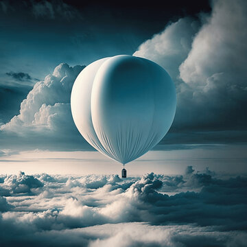 Weather balloon flying high in the sky above the clouds with fading daylight setting