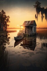 dramatic landscape, sunset cajun swamp scene with shack and boat, AI assisted finalized in Photoshop by me 