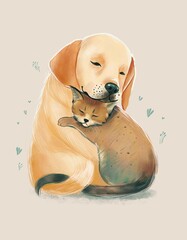 Labrador retriever puppy hugs a kitty.. 2D watercolor Illustration for kids