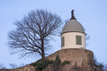 The Jacobstein or Jakobsturm, a vineyard pavilion and vantage point high above the vineyards of Wackerbarth Manor (Schloss Wackerbarth), the Saxon State Winery in Radebeul, Saxony, Germany.