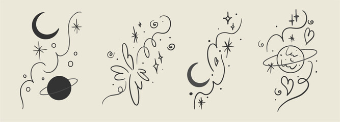 Set of vector sticker, tattoo. The tattoo is drawn with a thin line. Saturn and moon, swirls, heart with fire hand drawn sketch. Vector illustration. © Екатерина Перанова