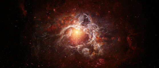 Beautiful night sky, red star and galaxy in the space. Collage on space, science and education...