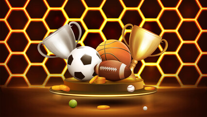 Champion cups and sport balls on gold podium floating in the air in dark scene with gold neon honeycombs on background