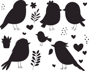 collection of cute birds set silhouette isolated, vector