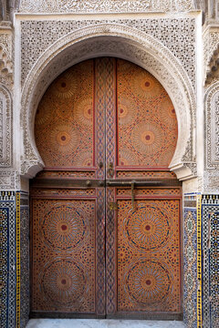 Africa, Morocco, Traditionally decorated doors and&nbsp;tilework&nbsp;of mosque