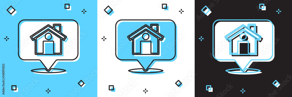 Poster set map pointer with house icon isolated on blue and white, black background. home location marker s