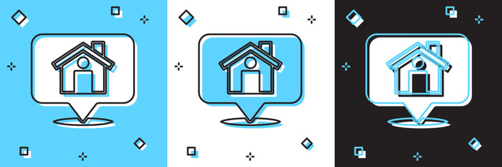 Set Map pointer with house icon isolated on blue and white, black background. Home location marker symbol. Vector