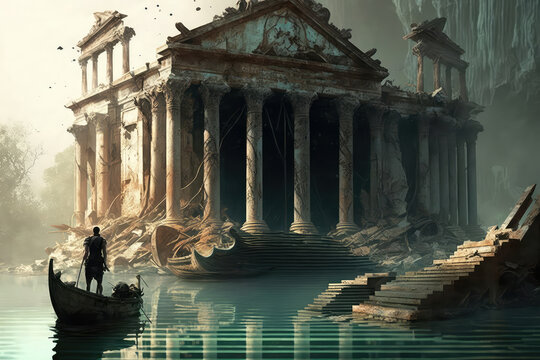 man are boating Washing through the ruins of the empire collapse. illustration painting (ai generated)