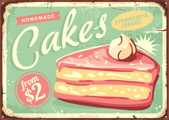 Strawberry cake with caramel retro bakery sign design. Piece of pink birthday cake vintage confectionery poster. Sweets and desserts vector illustration. Food sign.