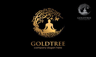 Gold Tree Vector Logo Template. Awesome Logo template that combine silhouette human, butterfly with gold leaves that means Healthy Life, perfect for health company, therapy, healing activist, etc.