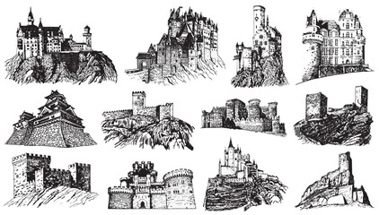 Graphical set of medieval castles isolated on white background,vector illustration