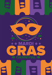 Mardi Gras Carnival in New Orleans. Fat Tuesday. Traditional holiday, celebration annual. Folk festival, costume masquerade, fun party. Carnival mask. Poster, card, banner and background. Vector