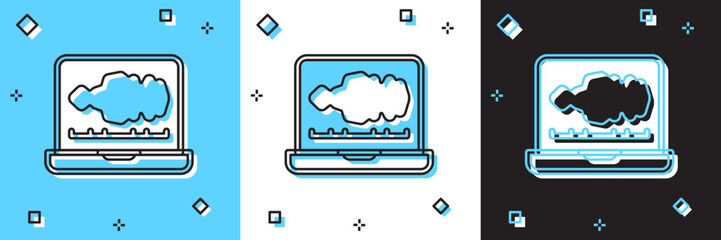 Set Sound or audio recorder or editor software on laptop icon isolated on blue and white, black background. Vector