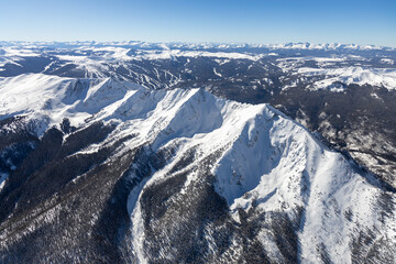 Aerial view of snow covered ten mile peak near Fresco, Colorado, USA in Winter.