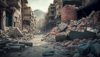 Fototapeta na wymiar Aftermath of an earthquake : pile of rubble and debris covering city street, Generative AI