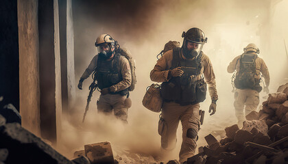 Rescue team searching through earthquake rubble for survivors: a visual guide, Generative AI