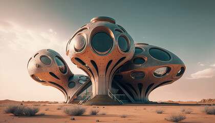 Space-age architecture: futuristic rounded building with a modern twist, Generative AI