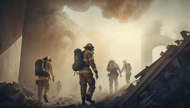 Earthquake disaster: rescue team working to find survivors in rubble, Generative AI