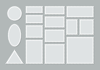 Post stamps. Empty stamps set with different shapes. Blank frames for mail letter. Postal border. Postage perforated templates. Collection paper postmarks isolated on background. Vector illustration.