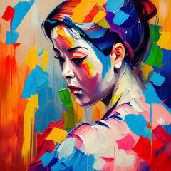 Colorful oil painting of a sad woman