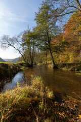 Fototapeta premium Die Schondra im Naturschutzgebiet Unteres Schondratal, zwischen der Gemeinde Heiligkreuz und Gräfendorf, Unterfranken, Franken, Bayern, Deutschland