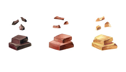 Varieties of chocolate, dark, bitter, milky, white. Two slices of chocolate and crumbs from it. Watercolor illustration.