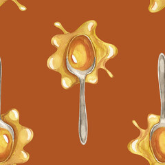 A spoonful of melted white chocolate. Seamless pattern on a brown background. Watercolor illustration.