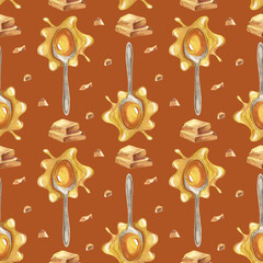 A spoonful of melted white chocolate, pieces and crumbs of chocolate. Seamless pattern on a brown background. Watercolor illustration.