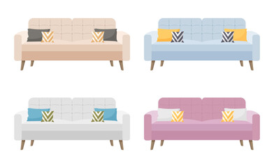 A set of bright beautiful sofas  brown, blue, gray and crimson cushions on wooden legs with pillows. Modern soft furniture collection. Colored flat vector illustration isolated on white background.