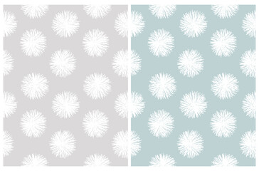 Cute Hand Drawn Floral Vector Patterns. White Fluffy Flowers Isolated on a Light Pale Blue and Light Gray Background. Delicate Floral Print ideal for Wrapping Paper, Fabric. Abstract Garden.	