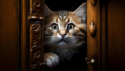 cat peeking out the door with a curious face