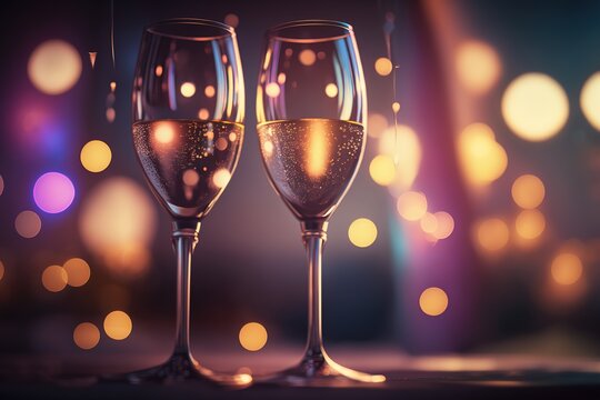 Couple of champagne glasses on glowing glittery bokeh background. Generative Ai art. Valentine's Day