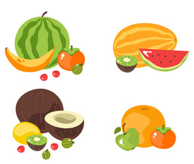 Cut slice whole and half fruits isolated set. Vector flat cartoon graphic design illustration