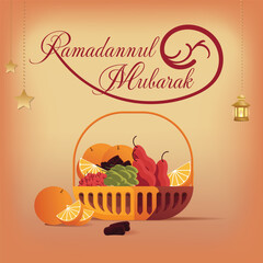 Ramadan Basket theme with Ramadan food, Islamic lantern and stars 